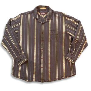 Tommy Bahama Shirt Mens L Button Up 100% Silk Brown Blue Stripes Long‎ Sleeves